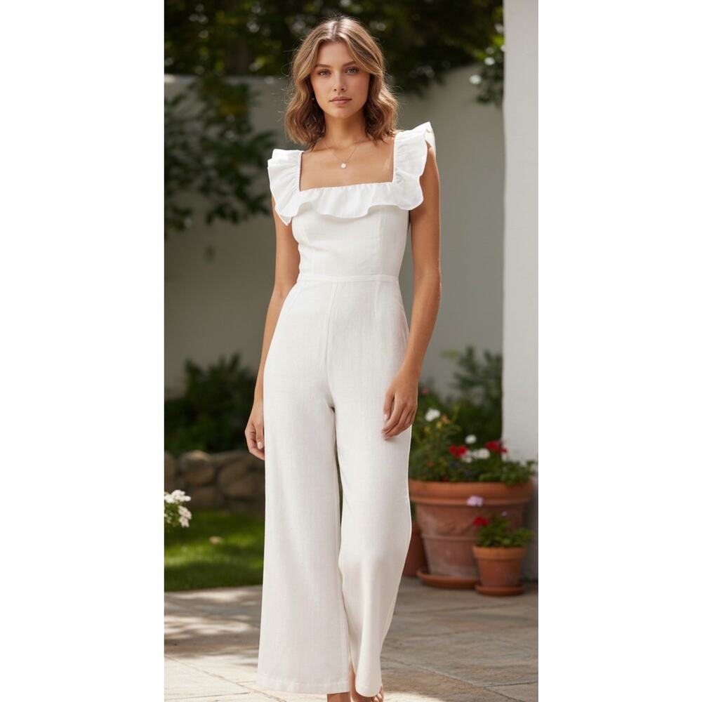 Petal & Pup Size 8 White Ruffle Wide Leg 100% Linen Jumpsuit Lined Back Tie